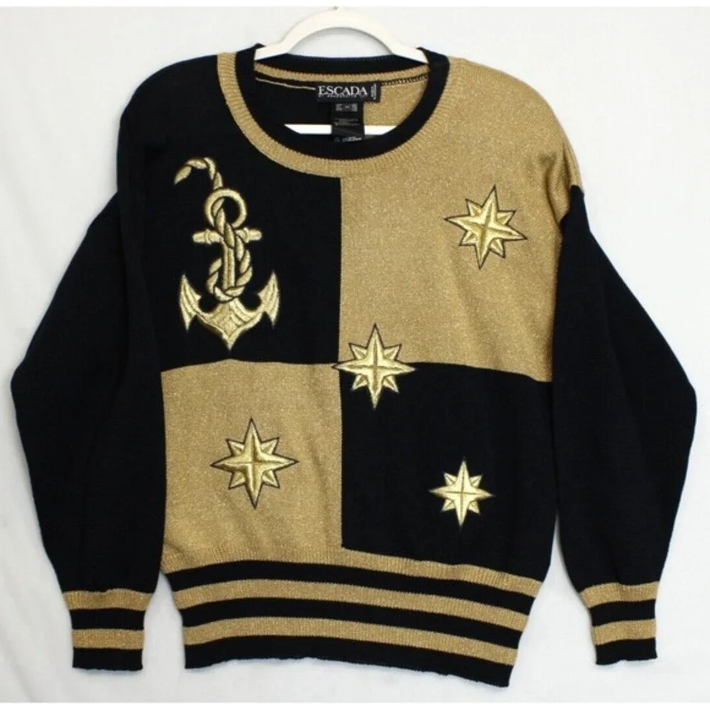 Escada Margaretha Ley Sweater Women M Black Gold Nautical Anchor Stars‎ Germany